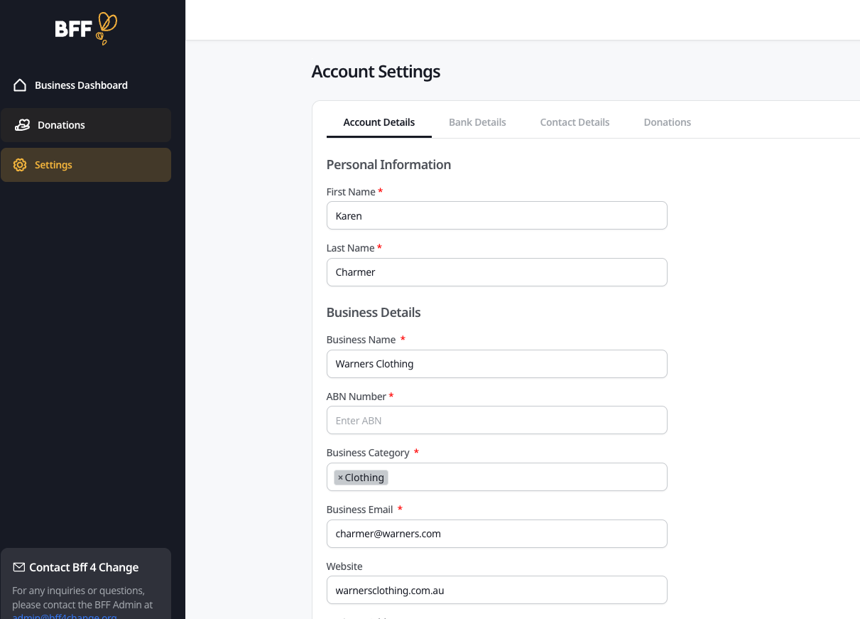 BFF 4 Change business dashboard Account Settings screen with personal and business detail fields