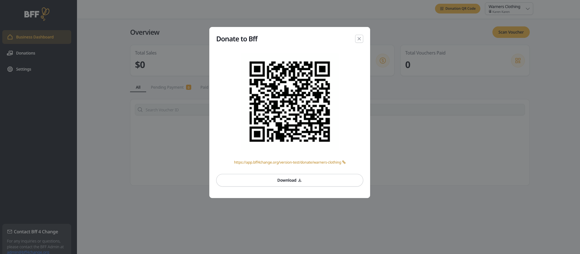 BFF 4 Change donation dashboard with a QR code pop-up for attributing donations to a business