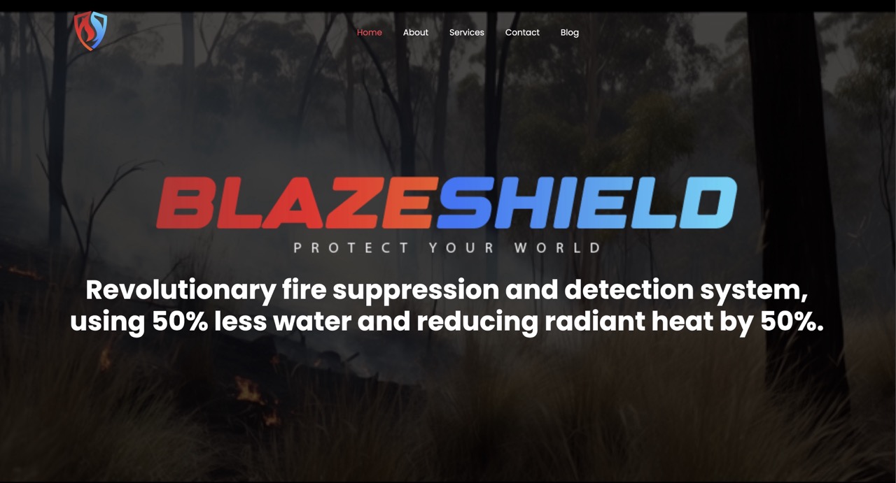 BlazeShield website hero over a bushfire backdrop, with the tagline Protect your world for a water-saving fire suppression system