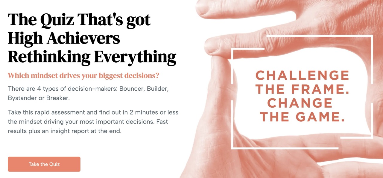Challenge The Frame quiz landing page with hands framing the tagline 'Change The Game'