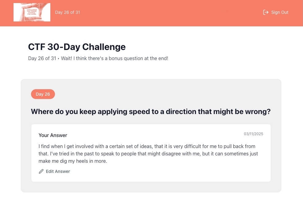Challenge The Frame 30-Day Challenge, Day 26 reflection prompt with a participant's typed answer