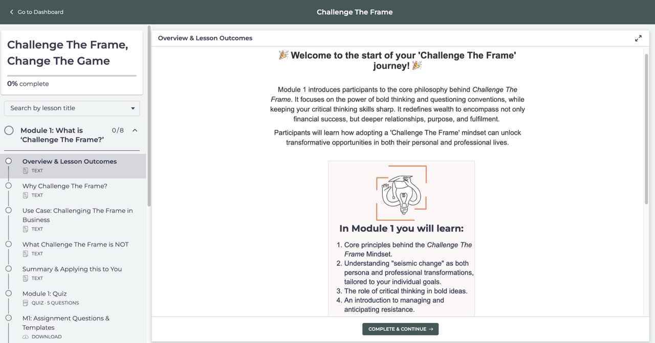 Challenge The Frame online course, Module 1 overview and lesson outcomes screen