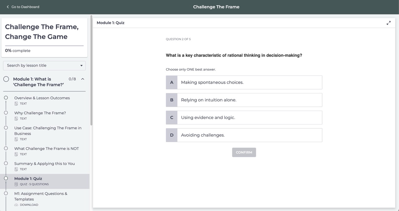 Challenge The Frame Module 1 quiz: rational thinking question with four answer options