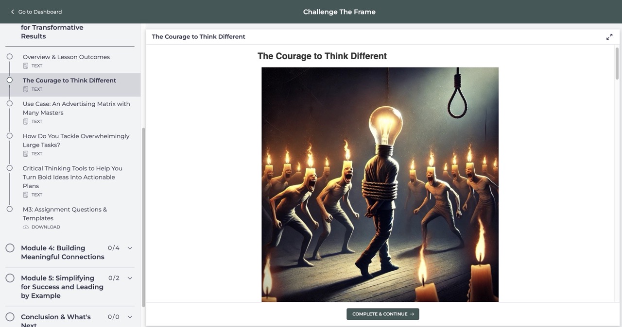 Course lesson 'The Courage to Think Different' with a lightbulb-headed figure facing a hostile crowd