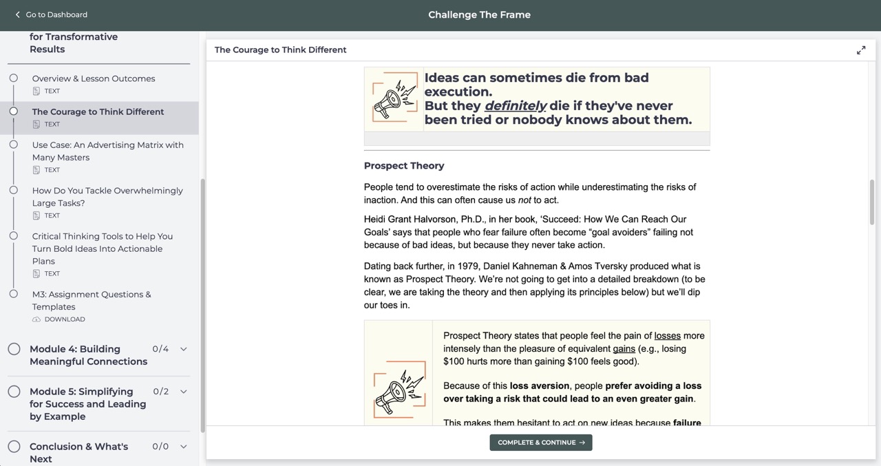 Challenge The Frame lesson explaining Prospect Theory and loss aversion in decision-making