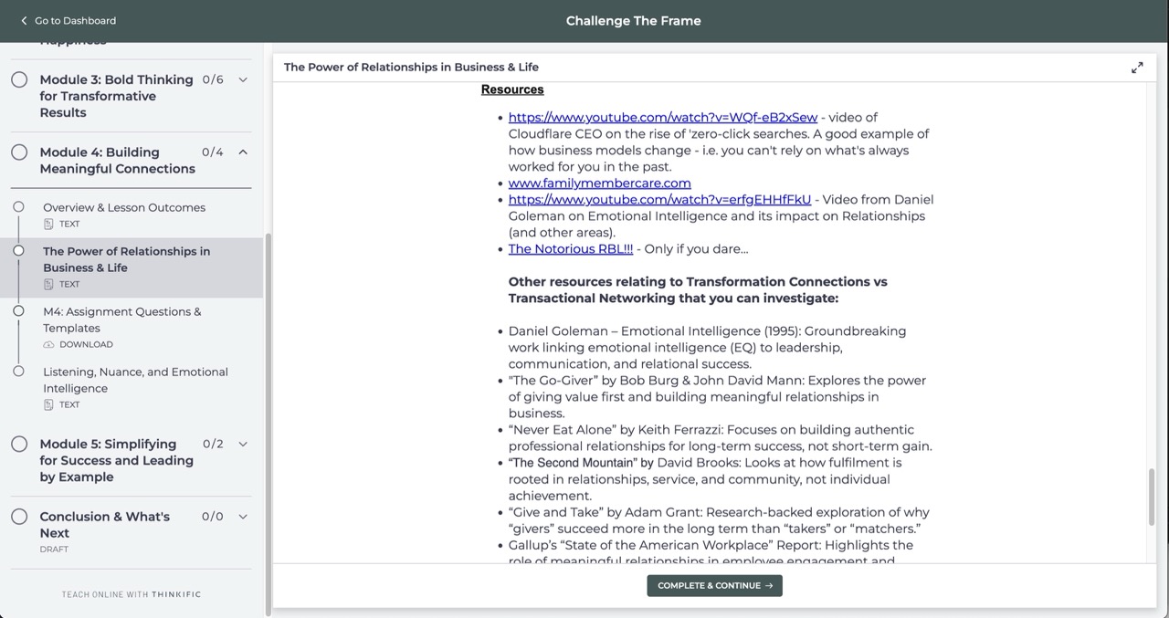 Module 4 lesson on meaningful connections, with resources on emotional intelligence and relationships