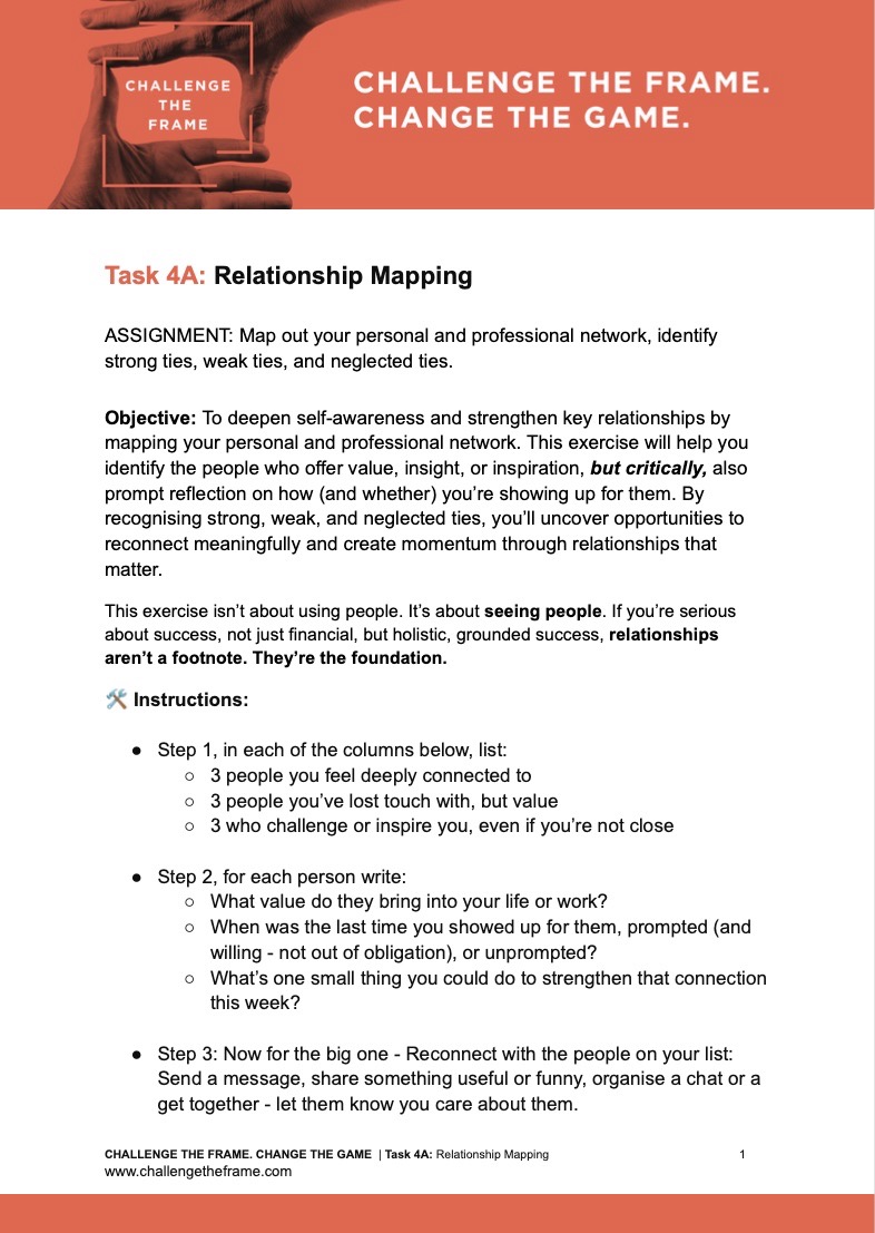 Challenge The Frame worksheet: Task 4A Relationship Mapping assignment with a branded header