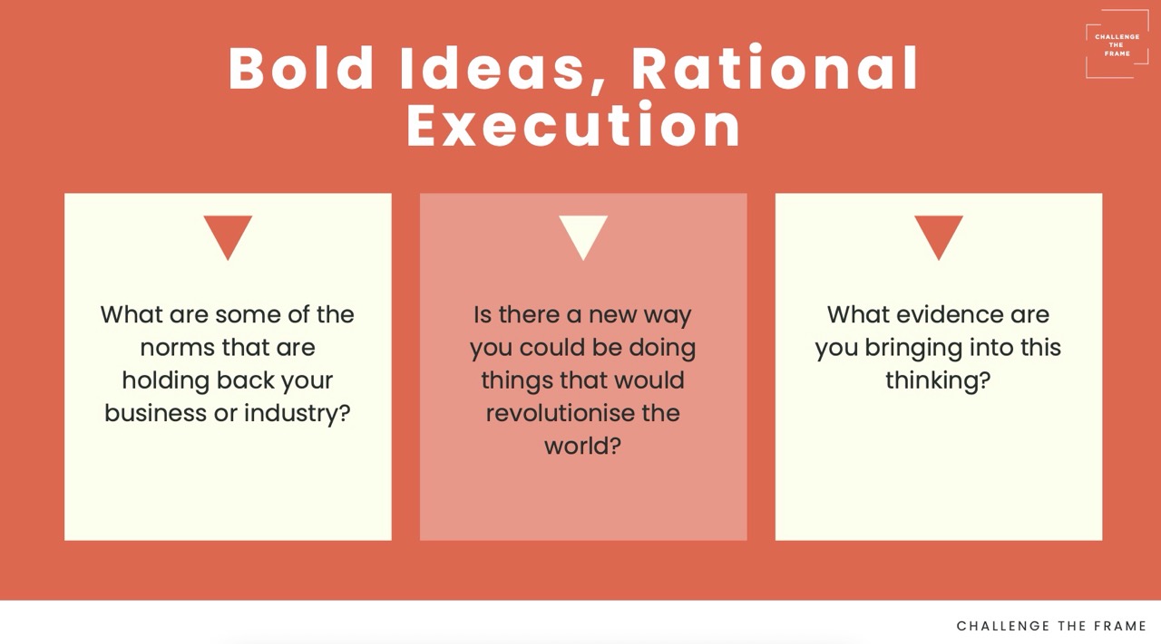 Challenge The Frame slide 'Bold Ideas, Rational Execution' with three reflective prompt cards