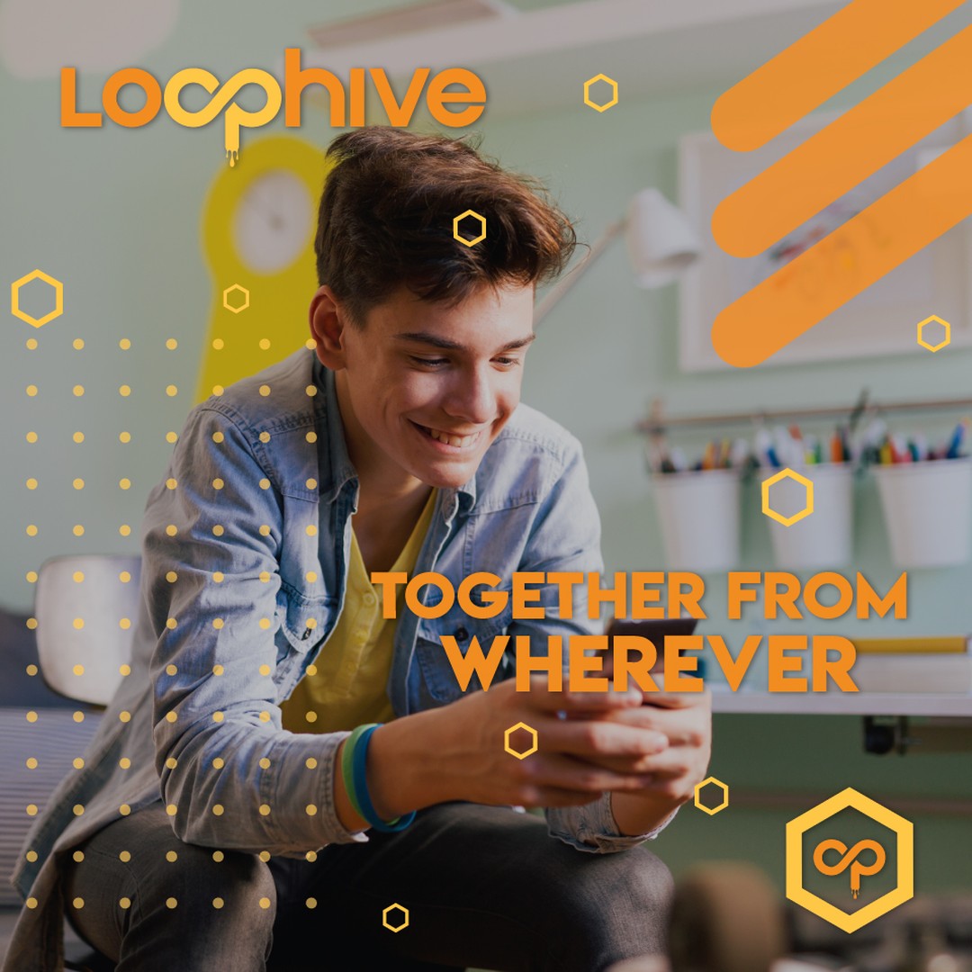 Smiling teenage boy on a phone, Loophive Together From Wherever social campaign graphic
