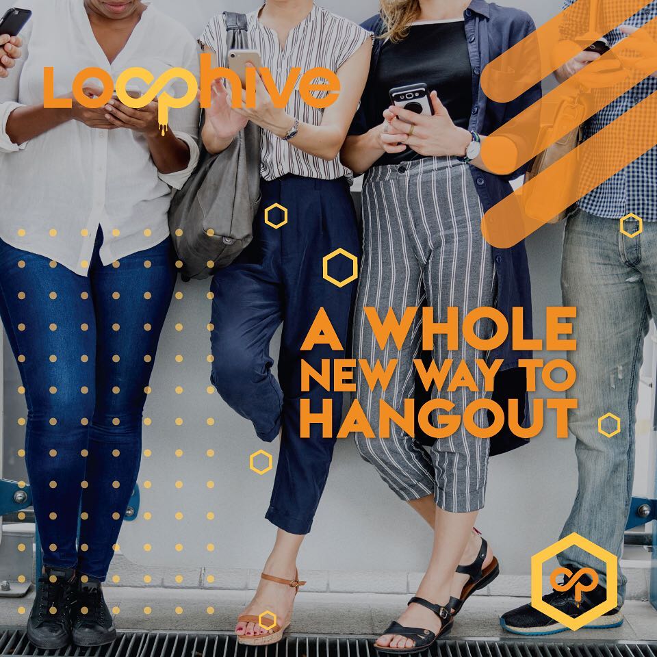 Group of friends on smartphones, Loophive A Whole New Way to Hangout promotional graphic