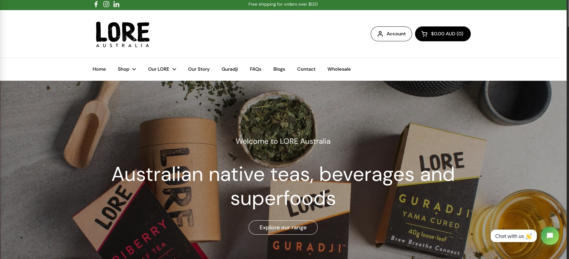 LORE Australia homepage of native teas, beverages and superfoods with Guradji loose-leaf packaging