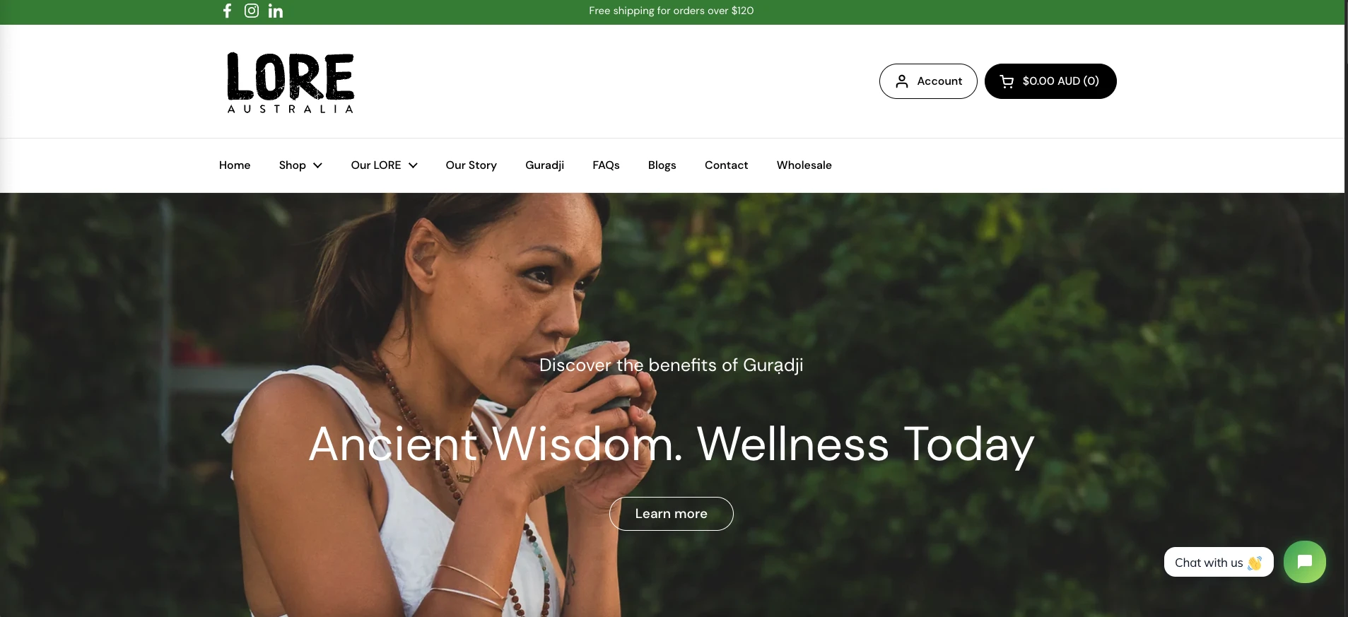 LORE Australia banner, a woman sipping tea beside the tagline Ancient Wisdom, Wellness Today