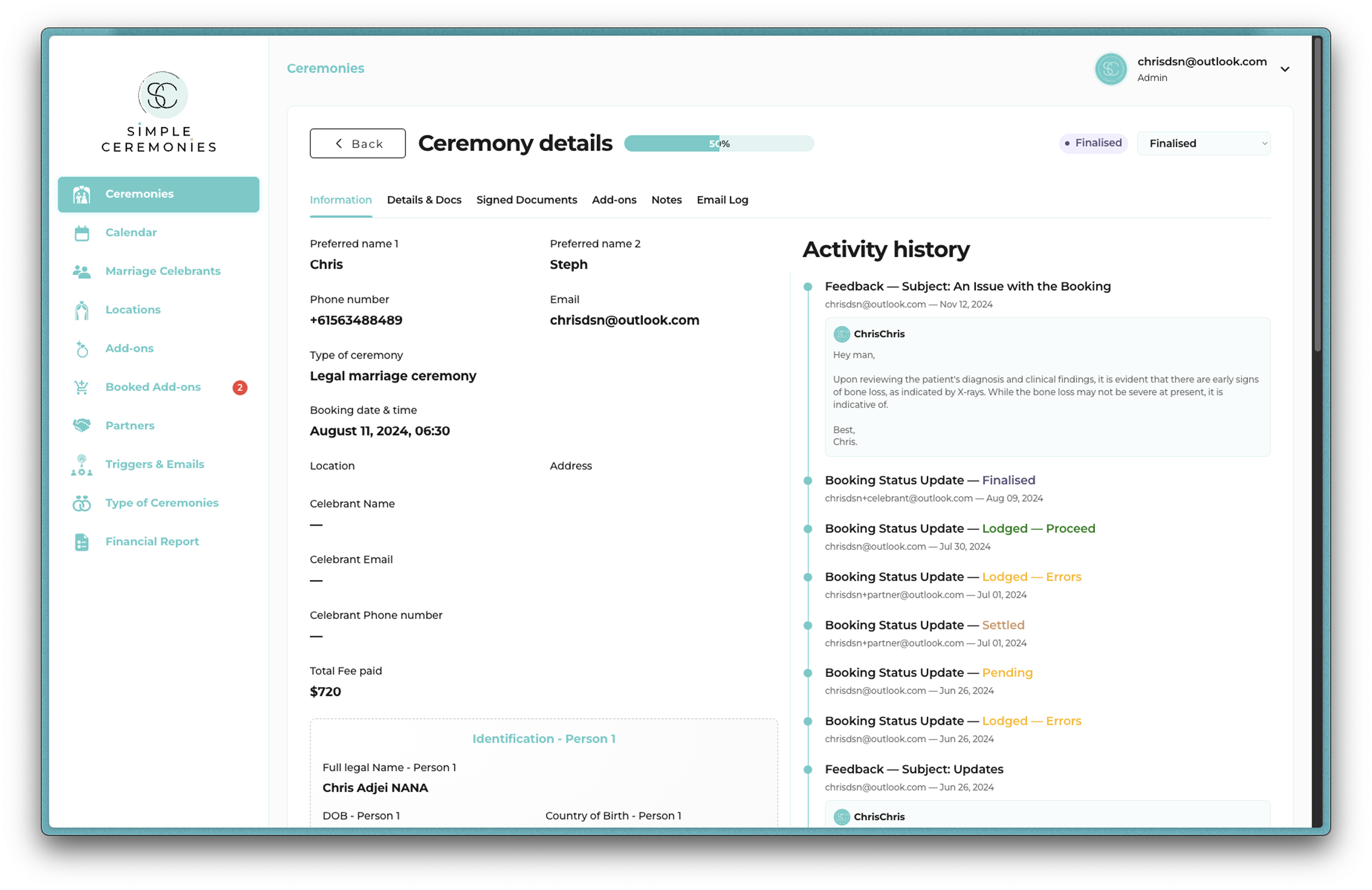 Simple Ceremonies admin view of a ceremony's details alongside its booking activity history, status updates and fees