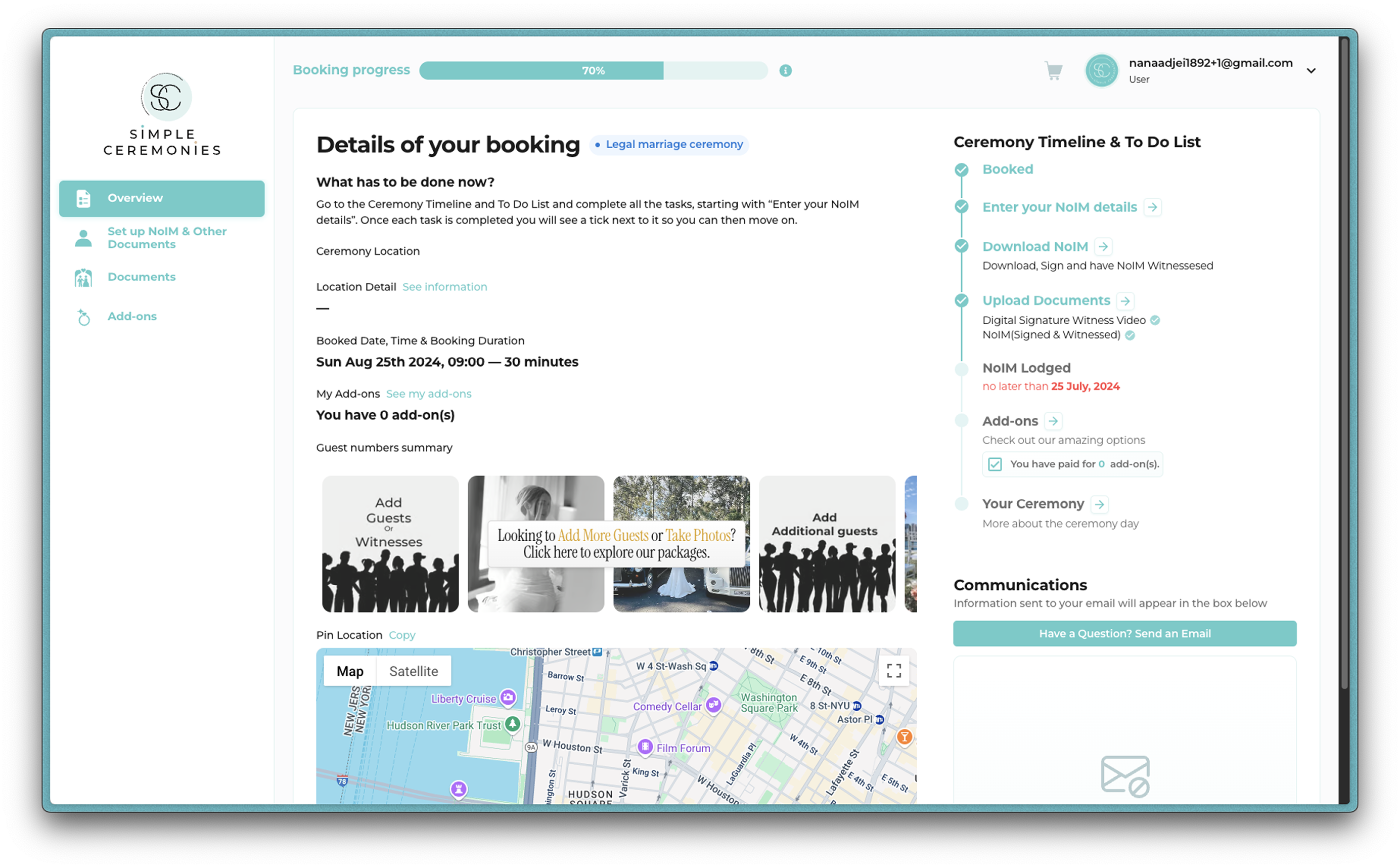 Simple Ceremonies couple dashboard with a booking to-do list, ceremony timeline and location map