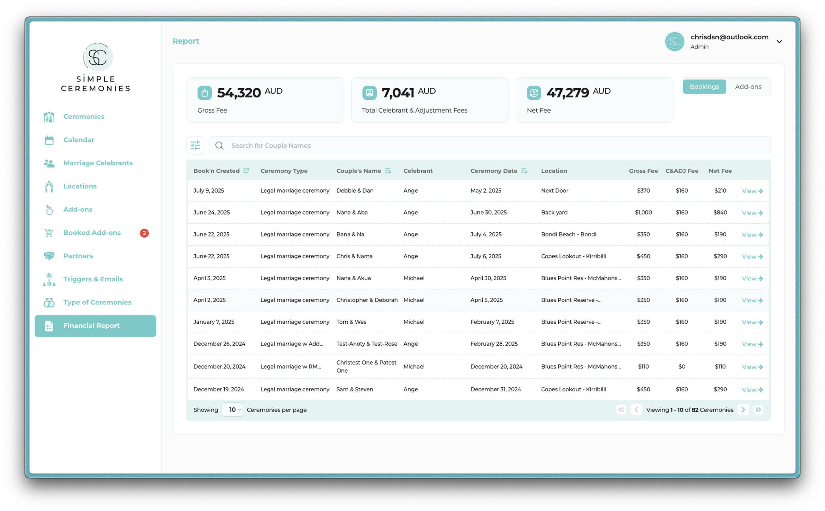 Simple Ceremonies financial report dashboard showing gross fees, celebrant fees and net fees across bookings